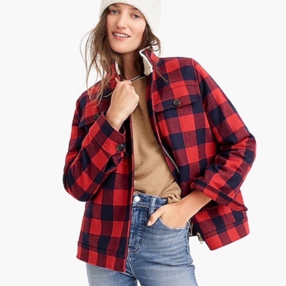 J. Crew Navy Red Buffalo Plaid Sherpa Coat